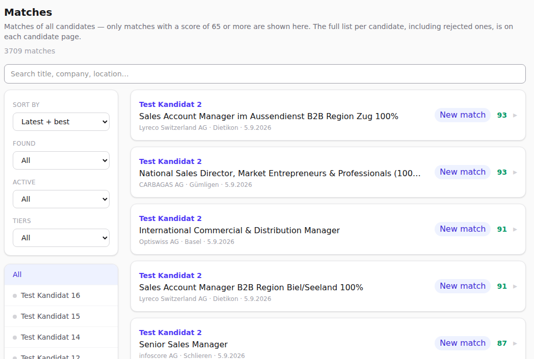 The matches page